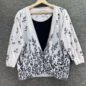 Cathy Daniels Cardigan Women L Large White Floral Knit V-Neck Button Cotton